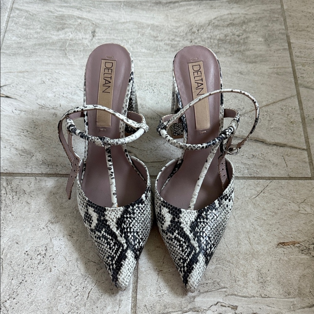 DEITAN Black and White Snakeskin Heels